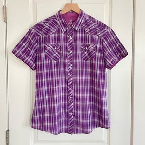 Kuhl Pearl Snap Button Up Short Sleeve Hiking Top Purple Plaid Size L